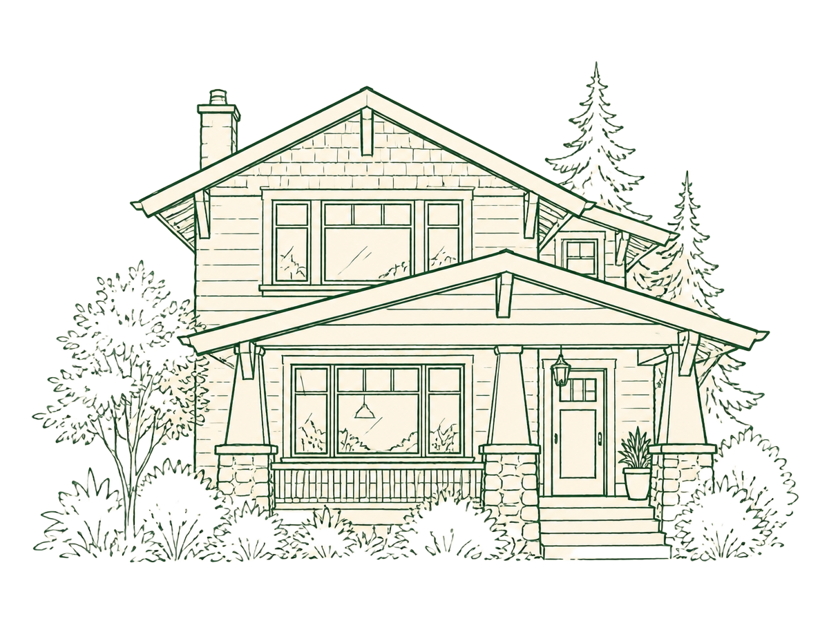 Line illustration of a Pacific Northwest home with large windows